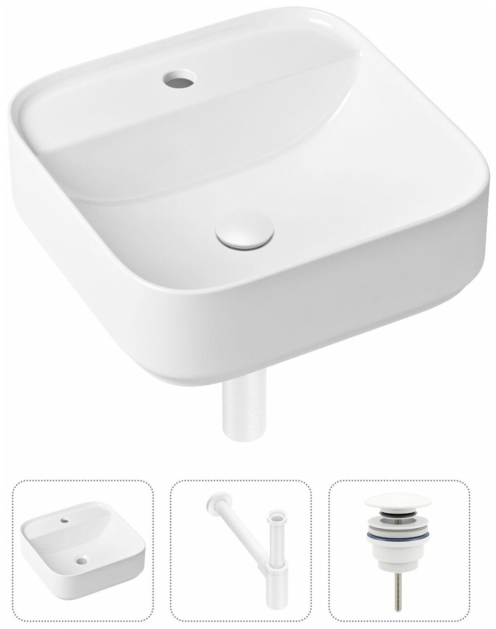 Комплект 3 в 1 Lavinia Boho Bathroom Sink 21520284: накладная фарфоровая раковина 42 см, металлический сифон, донный клапан