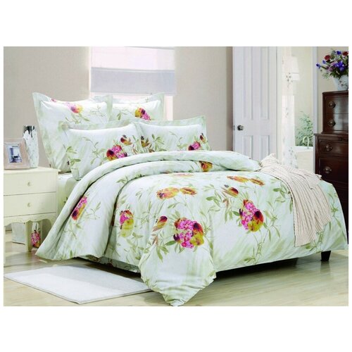 фото 1.5 спальный комплект постельного белья сатин светло бирюзовый с розовыми цветами вальтери