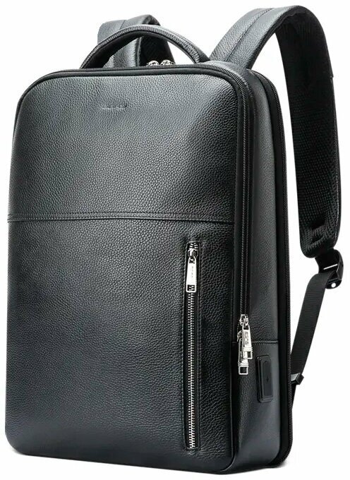 фото Рюкзак мужской городской дорожный вместительный 17л для ноутбука 15.6" Bopai First Layer Cowhide водонепроницаемый, кожаный, с USB зарядкой, черный