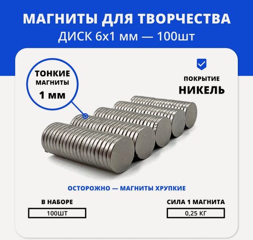 Изображение товара Тонкие магниты-крепления для творчества | магнитные диски 6х1 мм — комплект 100 шт