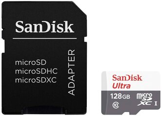 Карта памяти SanDisk Ultra microSDXC Class 10 UHS-I 80MB/s + SD adapter 128 GB, чтение: 80 MB/s, запись: 10 MB/s, адаптер на SD