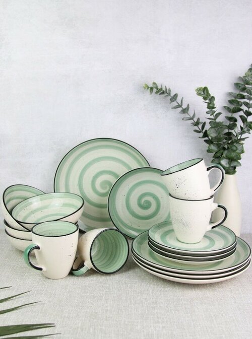 Набор посуды столовый сервиз 4 персон набор тарелок керамика зеленый цвет