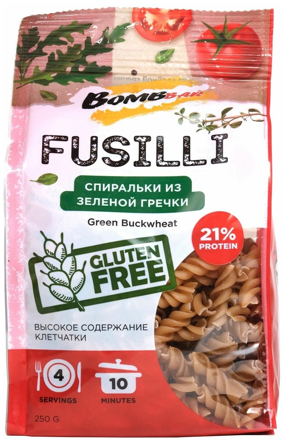 Протеиновые макароны без глютена Fusilli Bombbar из зелёной гречки (250 гр) 1 шт