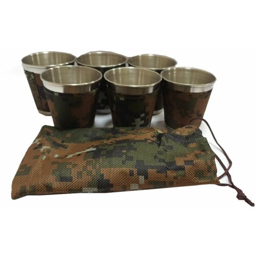 Походный набор из 6-и стопок по 75 мл из нержавеющей стали и обтянутых тканью