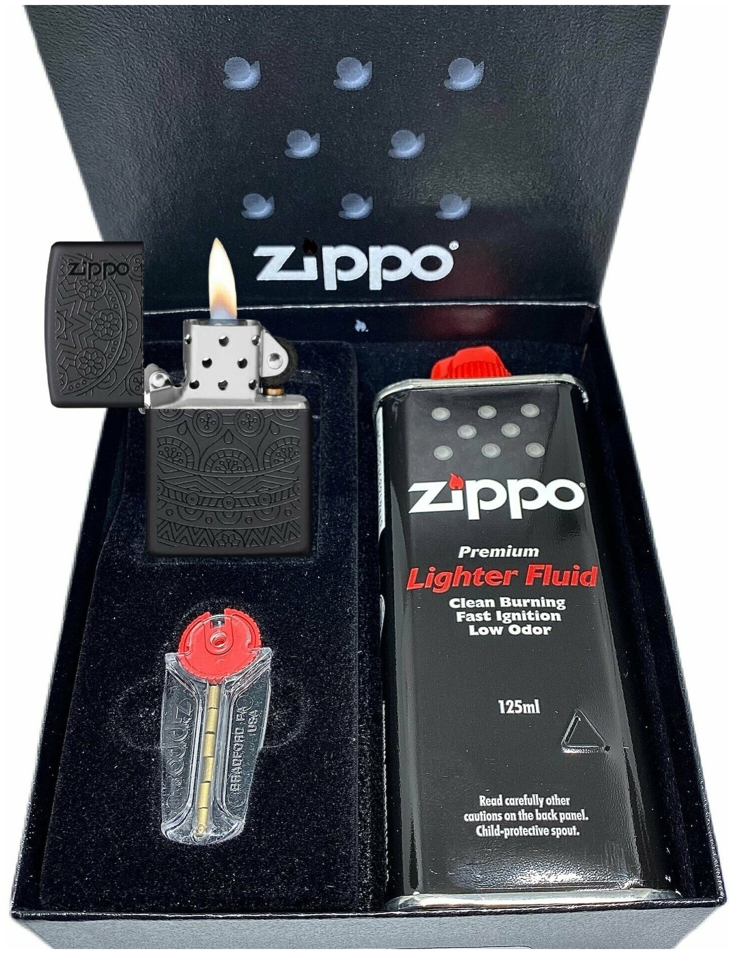 Подарочный набор ZIPPO ( Зажигалка ZIPPO 29989 Tone on Tone Design, черная, с покрытием Black Matte + кремни + топливо, 125 мл ) - фотография № 6