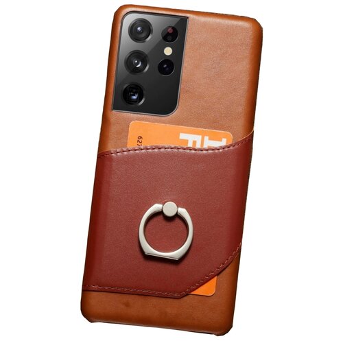 фото Чехол-бампер-накладка mypads на samsung galaxy s21 ultra роскошная премиальная задняя пластиковая панель-крышка обтянутая качественной импортной натуральной кожей теленка коричневая