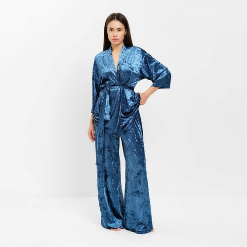 Комплект Kaftan, рубашка, брюки, жакет, застежка отсутствует, укороченный рукав, пояс, размер 48, синий