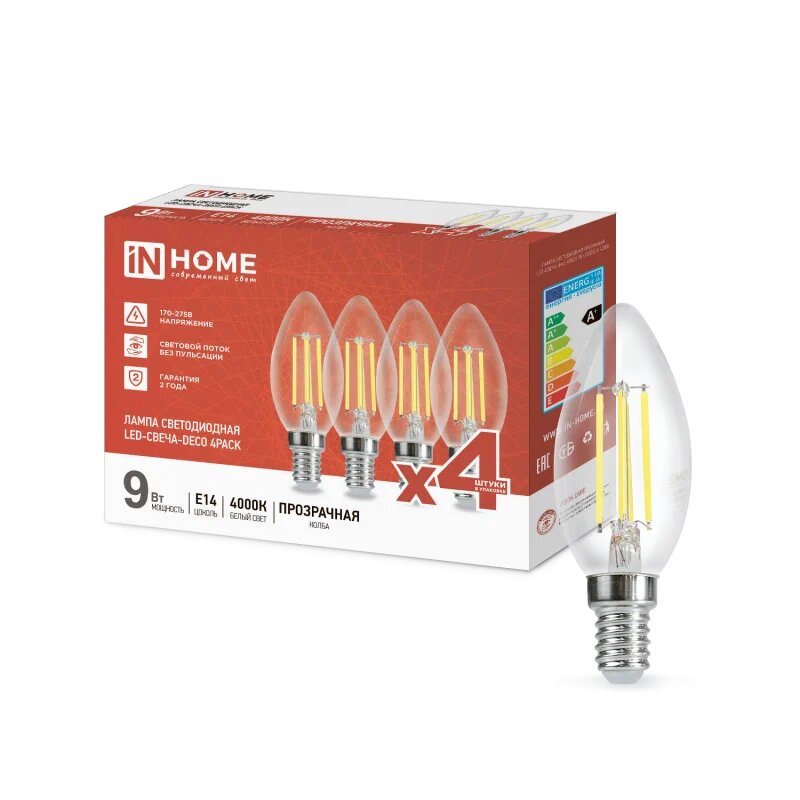 Лампочка светодиодная прозрачная (упаковка/4шт.)LED-СВЕЧА-deco 4PACK 9Вт 230В Е14 4000К 1040Лм (4шт./упак) прозрачная IN HOME