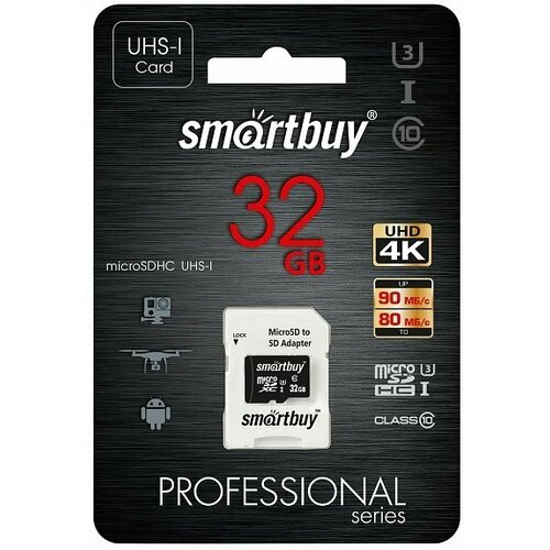 Карта памяти 32Gb MicroSD SmartBuy Professional + SD адаптер (SB32GBSDCL10U3-01) sd карта smartbuy professional sb128gbsdu3 01