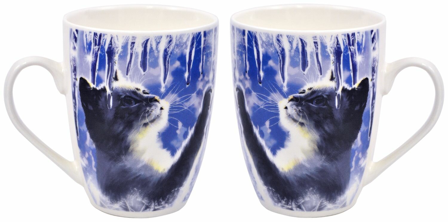 Чашка / кружка федерация, детская / Новогодняя / подарок на новый год и Рождество фарфоровая "Котейка, кот, котик играет в снегу" 350 мл.