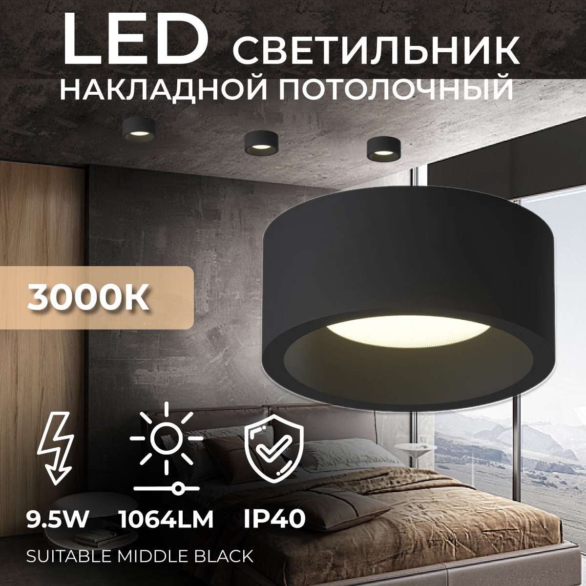 Накладной потолочный светодиодный светильник Ledron SUITABLE MIDDLE Black