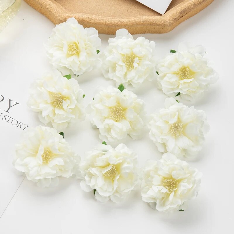 Искусственные шелковые цветы пионов набор из 10 штук Белый Золотой