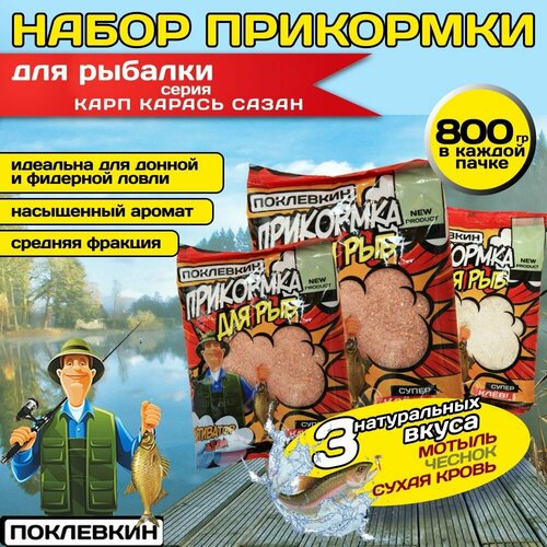 Прикормка для рыбалки летняя , Поклевкин 3х800 гр. Мотыль, чеснок, сухая кровь