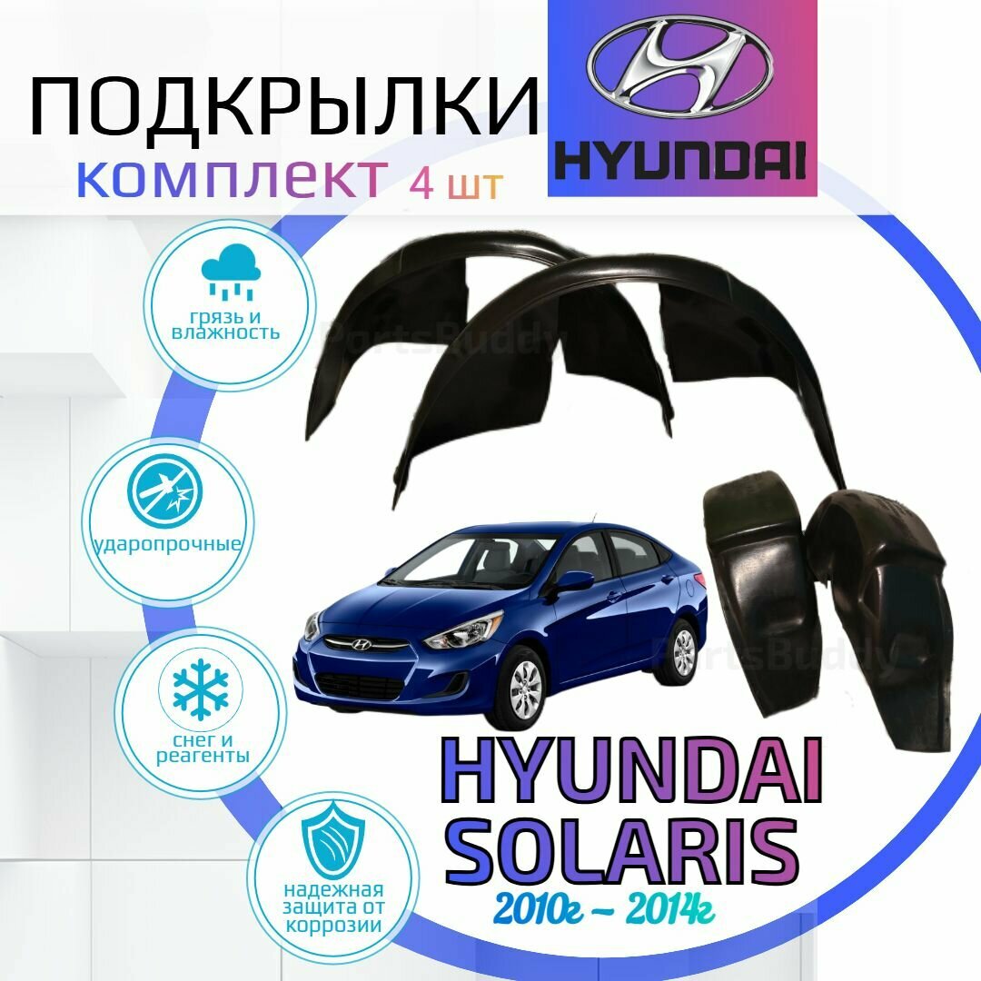 Подкрылки комплект для HYUNDAI SOLARIS 2010-2014г (хендай солярис)/ Локеры / Защита крыльев / Защита колесных арок