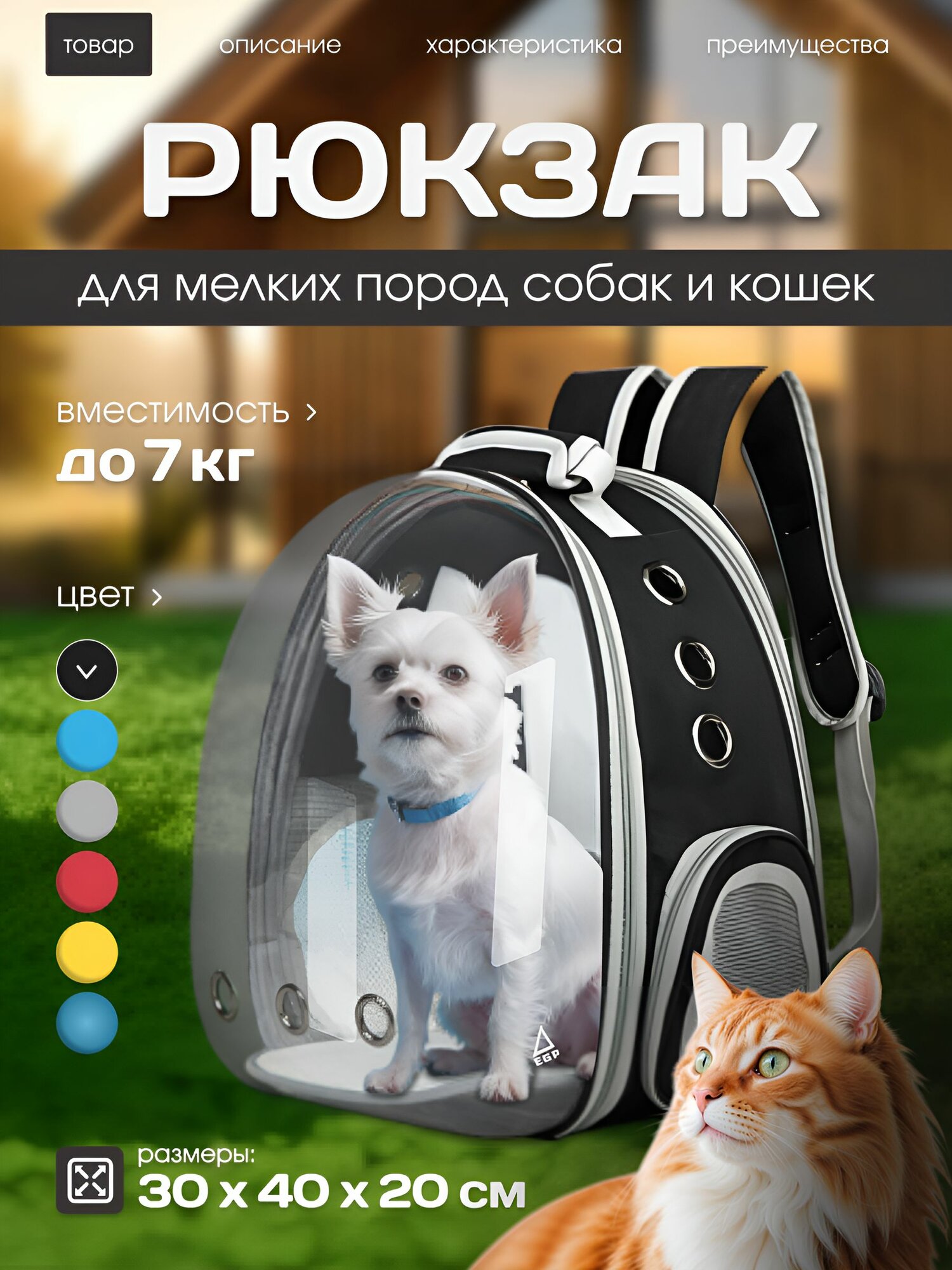 Рюкзак для животных мелких пород черный с прозрачной дверцей