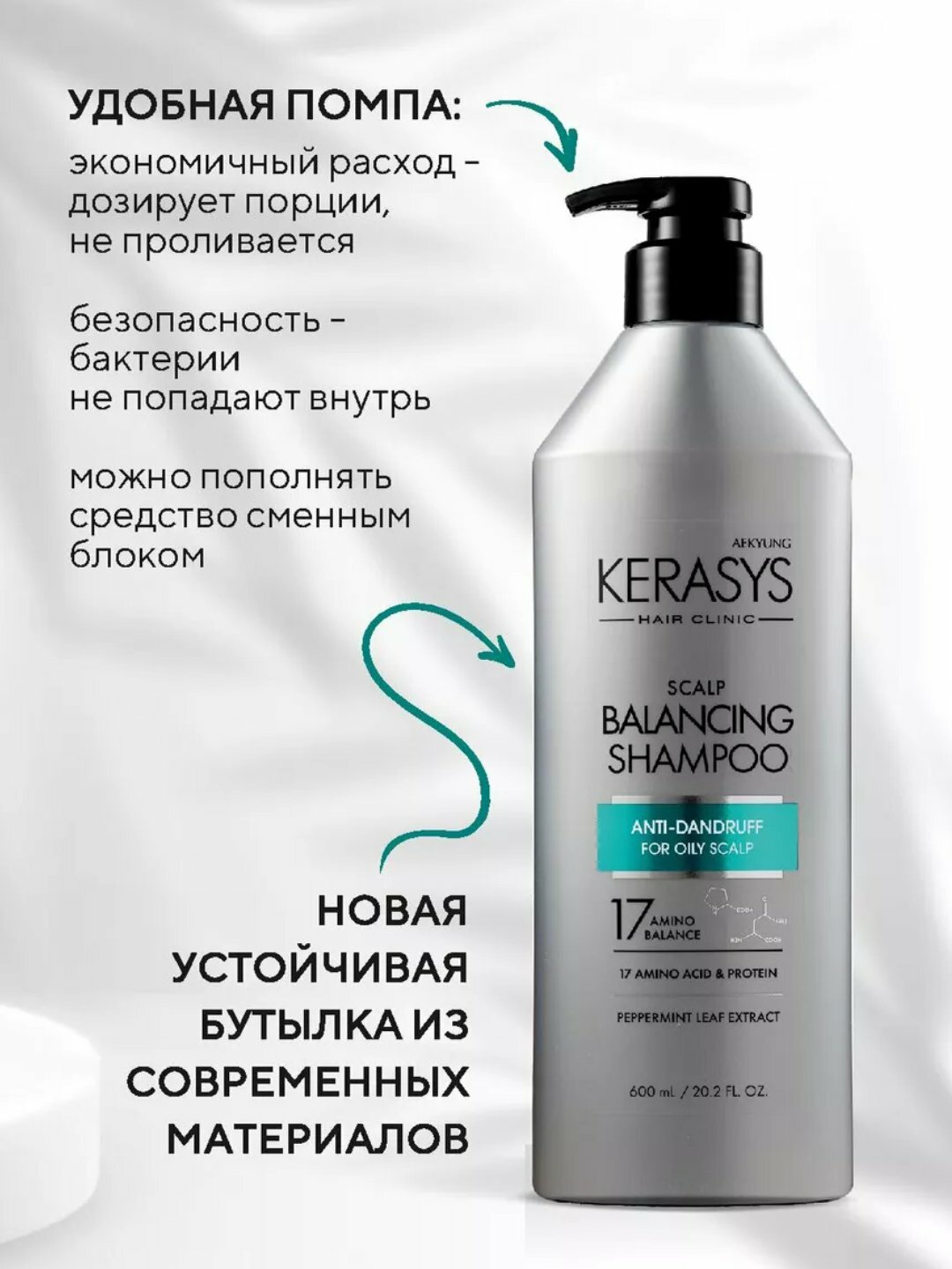 Kerasys лечебный Корейский Шампунь от перхоти для волос для жирных волос, 600 мл, Профессиональный протеиновый балансирующий шампунь с мятой мужской, женский, Корея — фото 1
