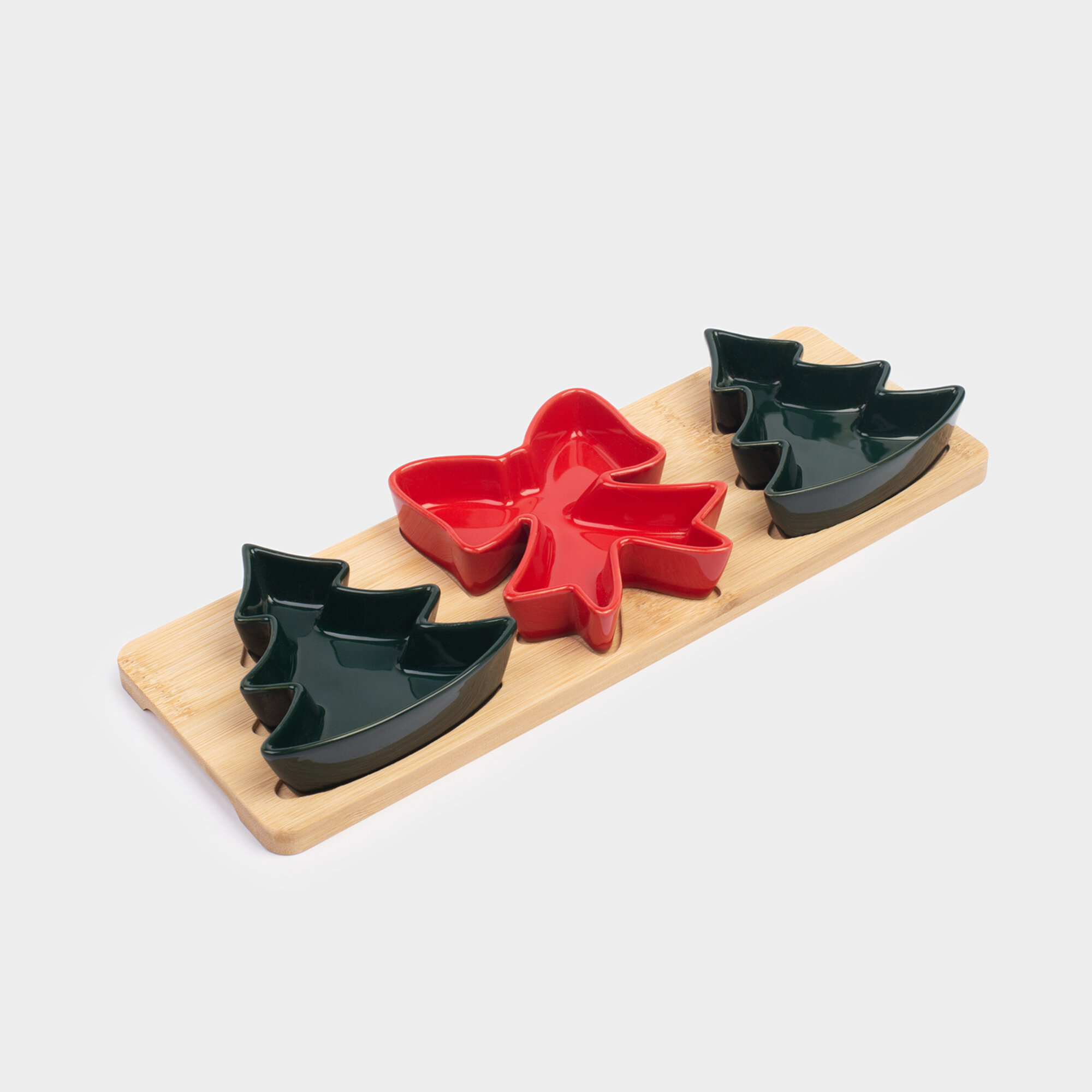 Набор для закусок 3 пр на подставке фарфор P/бамбук зеленый/красный Ель и бант Bamboo