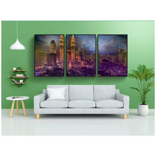 фото Набор модулных постеров для интерьера "город, огни, линия горизонта" 60x90 см. в тубусе, без рамки lotsprints