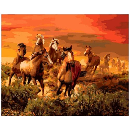 картина табун лошадей 66х106см Картина по номерам Табун бегущих лошадей, 40x50 см