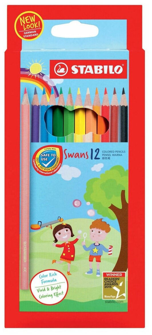 Цветные карандаши в выдвигающейся коробке-пенале STABILO Swans, 12 цветов