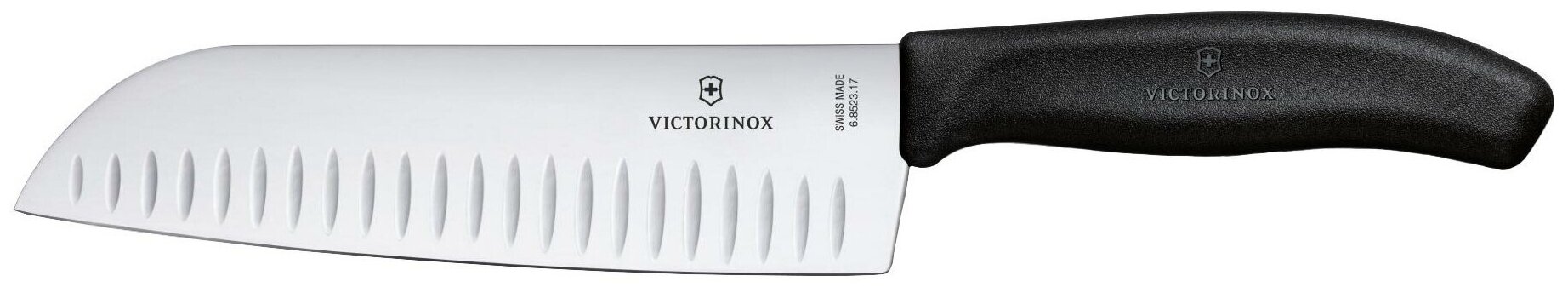 Нож Victorinox сантоку, лезвие 17 см рифленое, черный, в картонном блистере