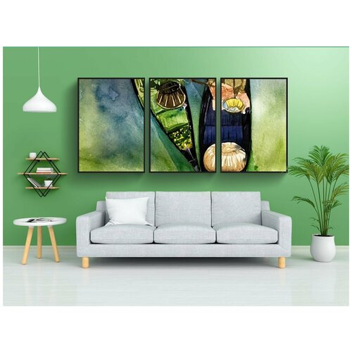 фото Модульный постер "акварель, лодка, картина" 180x90 см. из 3х частей в тубусе, без рамки lotsprints