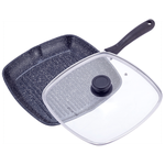 Сковорода гриль, сковорода с жаропрочной крышкой, антрипригарное покрытие черный мрамор, 28см - изображение