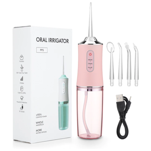 Ирригатор портативный беспроводной для очистки полости рта 4 насадки ORAL IRRIGATOR (флоссер) с USB зарядкой, розовая