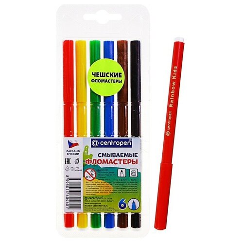 фломастеры centropen colour world washable 30 цветов арт 7790 30 85 Фломастеры 6 цветов Centropen 7790 Washable, блистер, европодвес, линия 1.0 мм