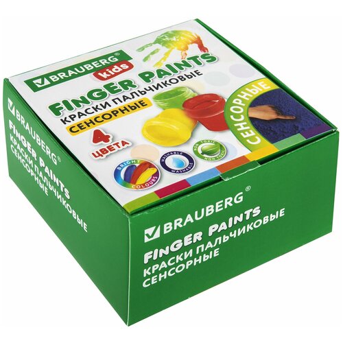 Купить Краски пальчиковые сенсорные детские для малышей от 1 года, 4 цвета по 40 мл, Brauberg Kids, желтый/красный/голубой/зеленый