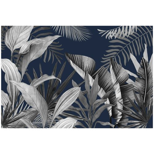 Фотообои Уютная стена Графичные тропические листья на темном фоне 400х270 см Виниловые Бесшовные (единым полотном)
