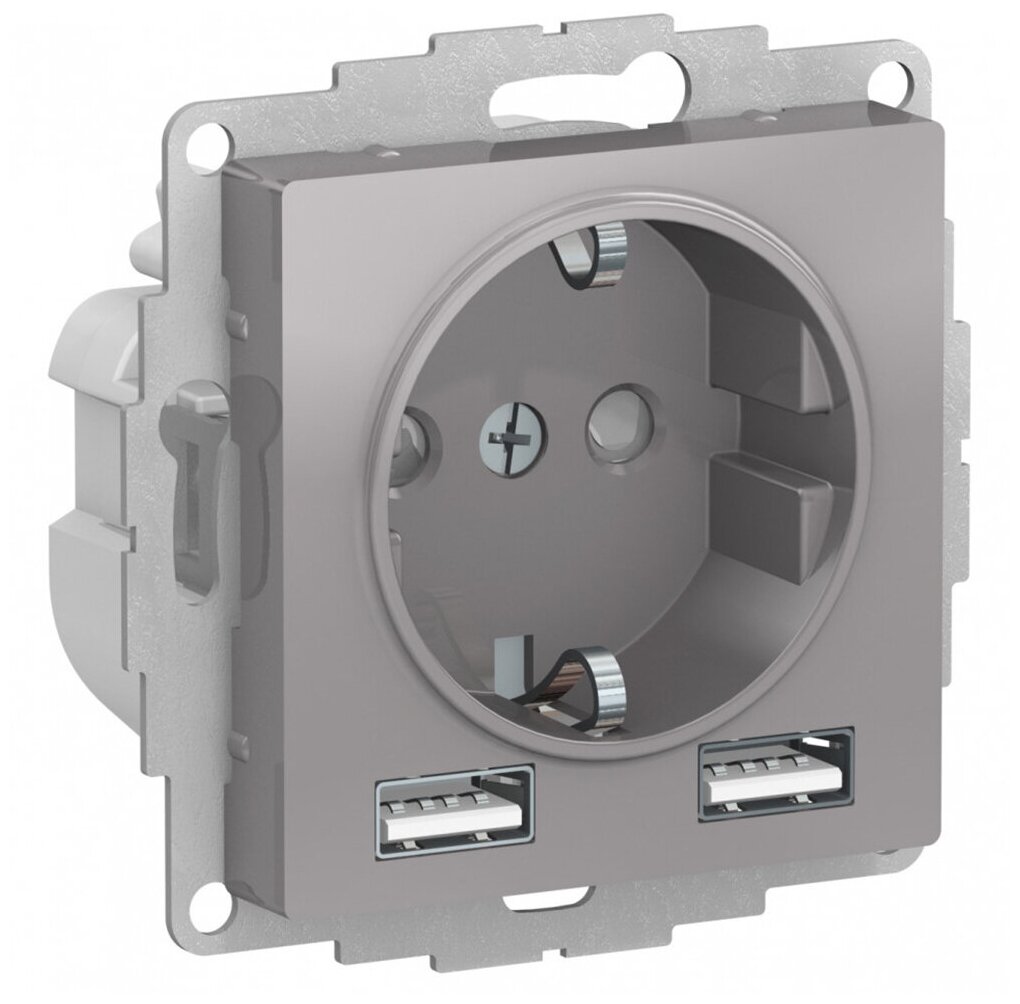 фото Розетка Schneider Electric Atlas Design ATN000330 скрытая установка алюминий с заземлением два модуля USB