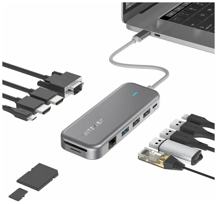 USB-Хаб BlitzWolf BW-TH11 11 in 1 USB-C Data Hub Dual HDMI Ports Grey