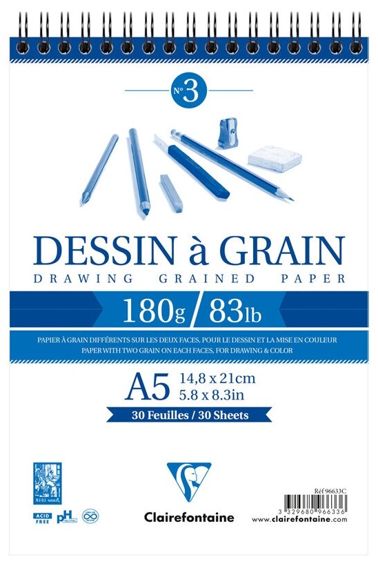 Скетчбук Clairefontaine 30 л, А5, на склейке, "Dessin a grain", 180г/м2, мелкозернистая (96626C)