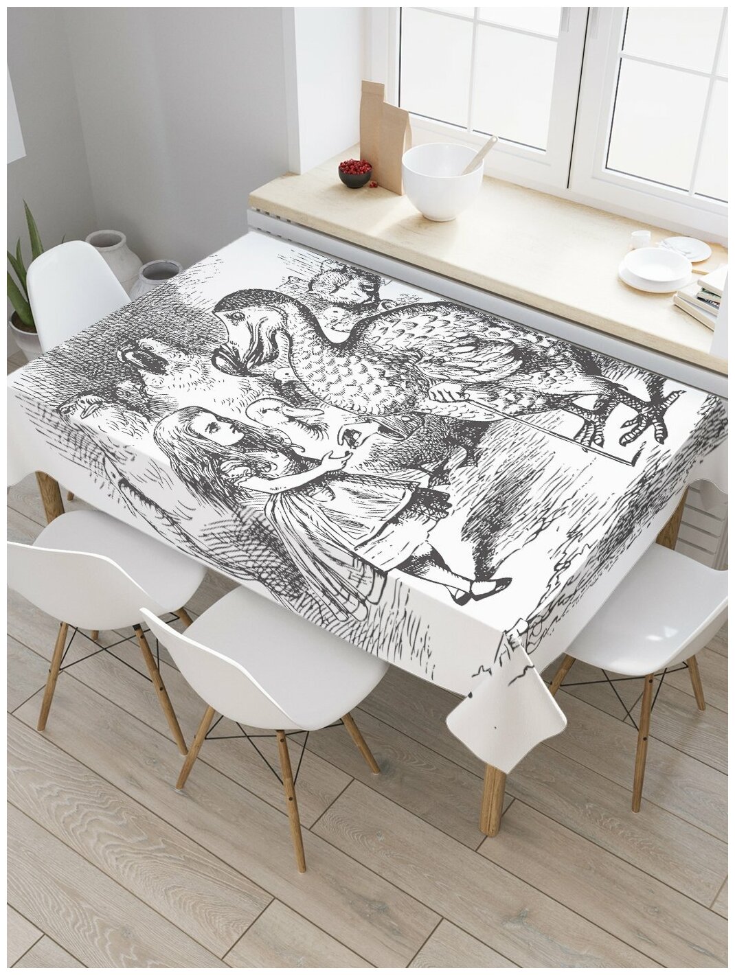 Скатерть прямоугольная JoyArty на кухонный стол "Алиса в стране чудес" из оксфорда, 120x145 см