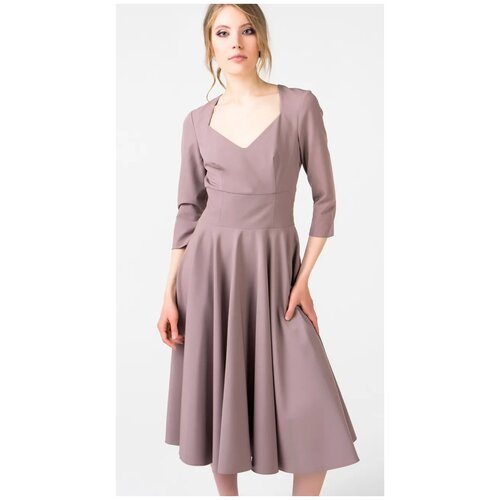 Приталенное платье с расклешенной юбкой и геометричным вырезом 5926/ Бежевый 44