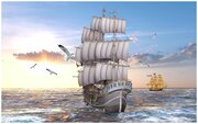 Флизелиновые фотообои Уютная стена "Парусный корабль в море" 430х270 см с текстурой Песок
