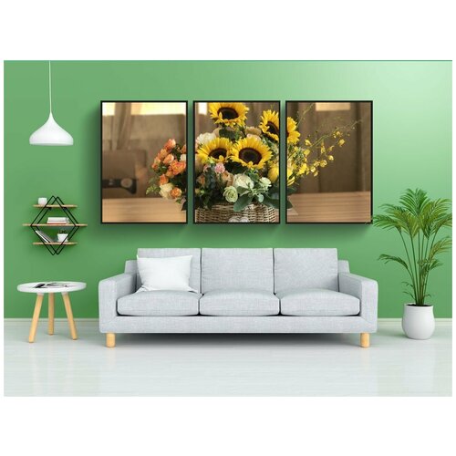 фото Набор модулных постеров для интерьера "подсолнечник, цветочная композиция, цветочное искусство" 60x90 см. в тубусе, без рамки lotsprints