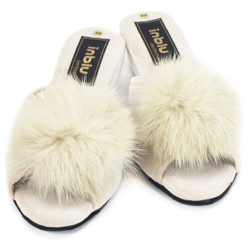 фото Домашние тапочки размер 39 (24,5 см) синие велюр на каблуке с пушком inblu