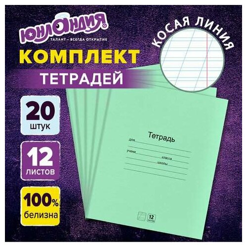 Тетради ДЭК 12 л. комплект 20 шт. с зелёной обложкой, юнландия, косая линия, 106743 (арт. 106743)