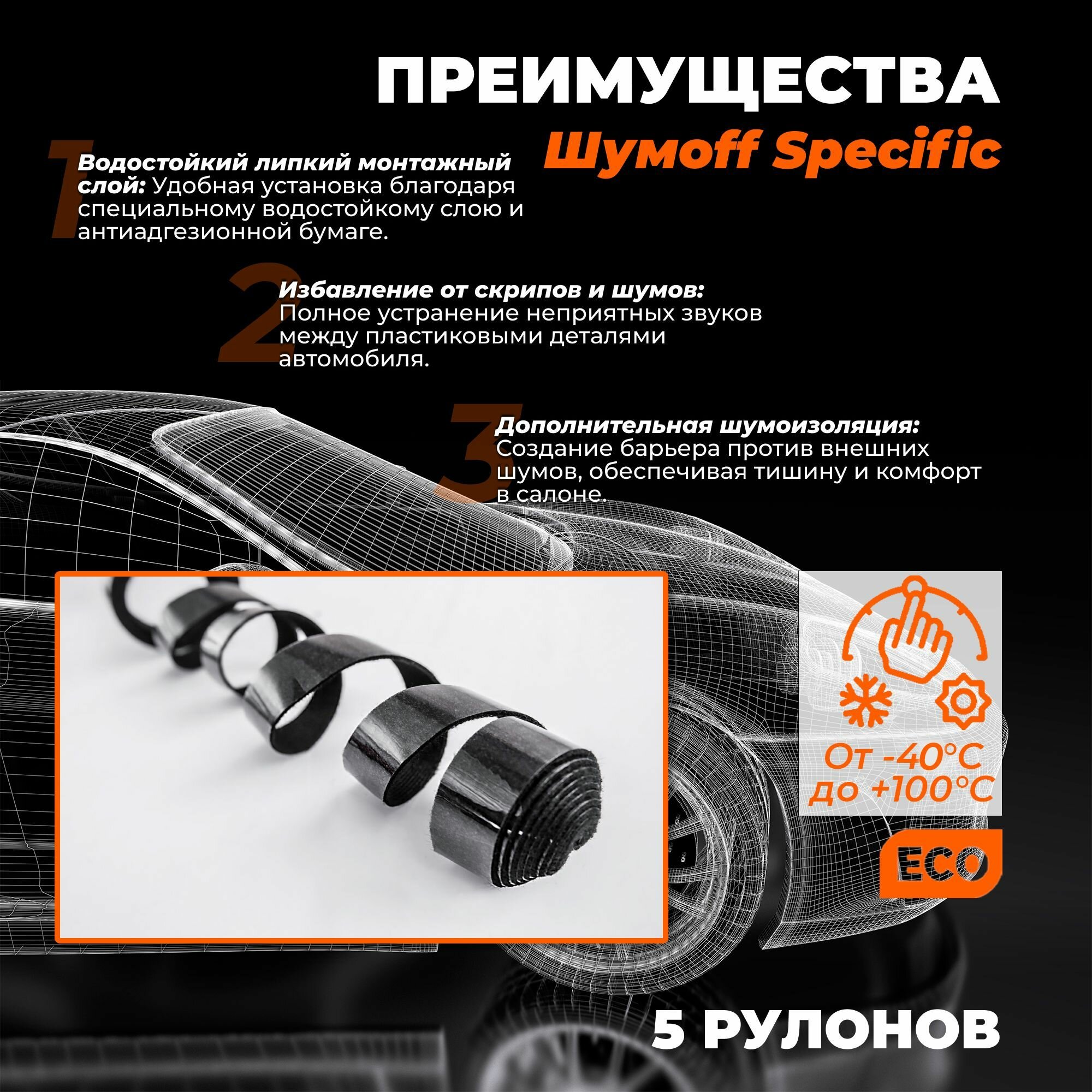 Лента антискрип самоклеящаяся для шумоизоляции авто Шумофф Specific - 5 шт / Общая длина 12.5 м