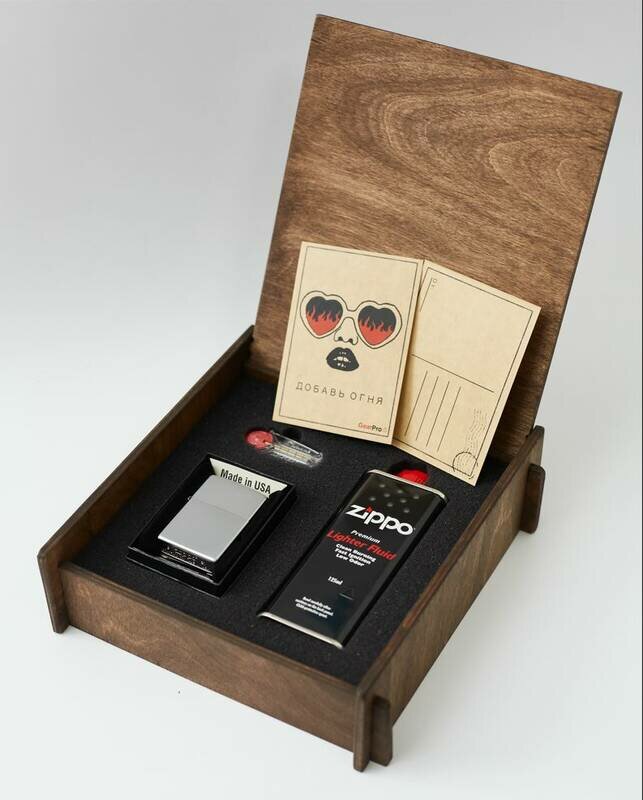 Подарочный набор оригинальная зажигалка Zippo 205 с топливом 125 мл + кремнии в деревянной коробке