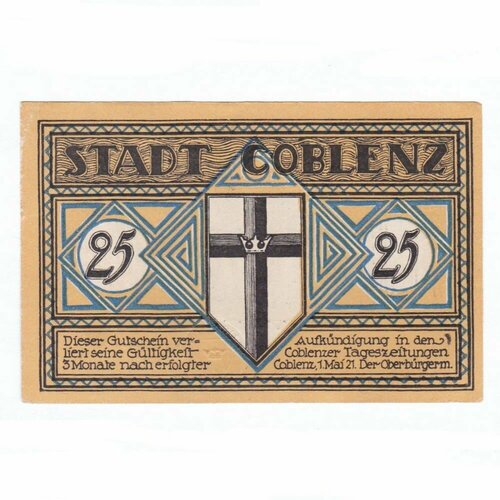 Германия (Веймарская Республика) Кобленц 25 пфеннигов 1921 г. германия веймарская республика кобленц нойдендорф 50 пфеннигов 1921 г