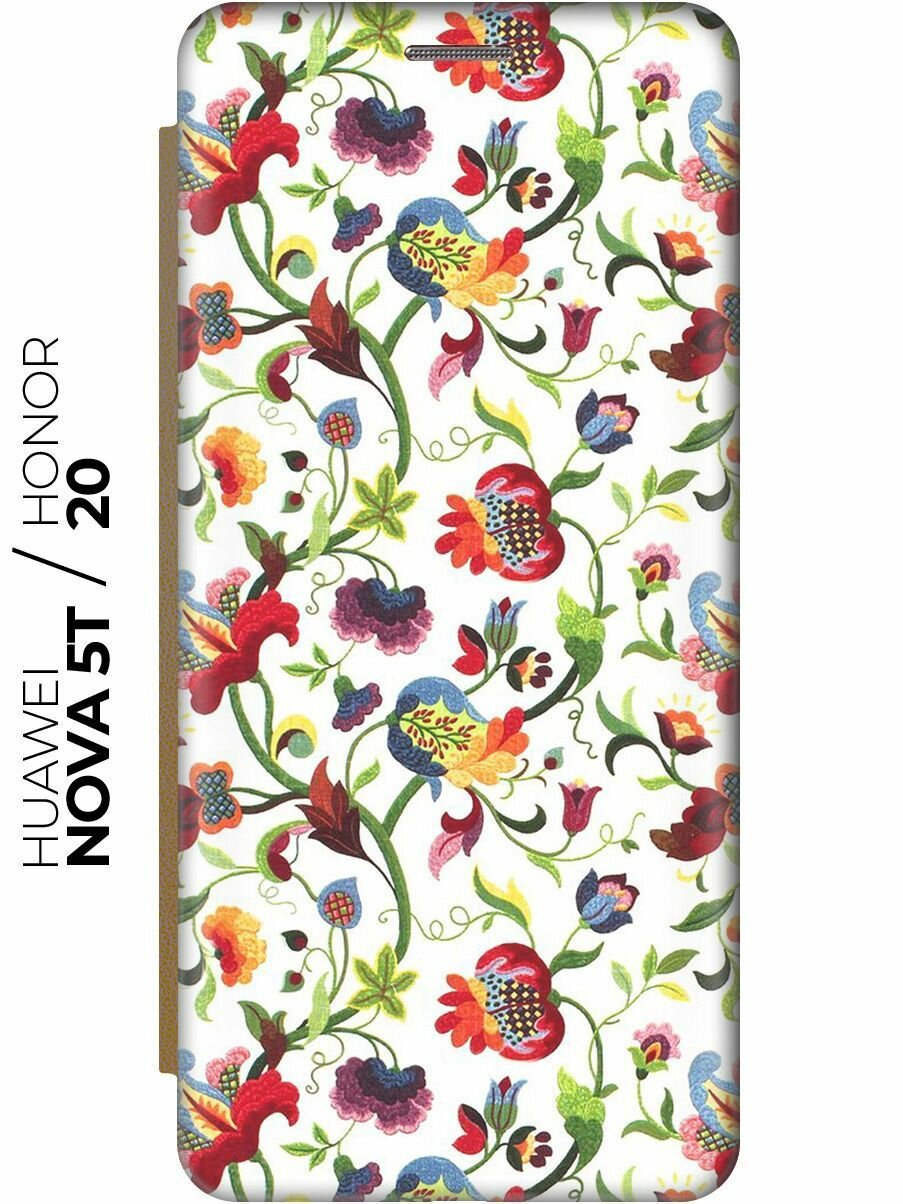 Чехол-книжка Цветочный узор на Honor 20 / Huawei Nova 5T / Хонор 20 / Хуавей Нова 5Т золотой