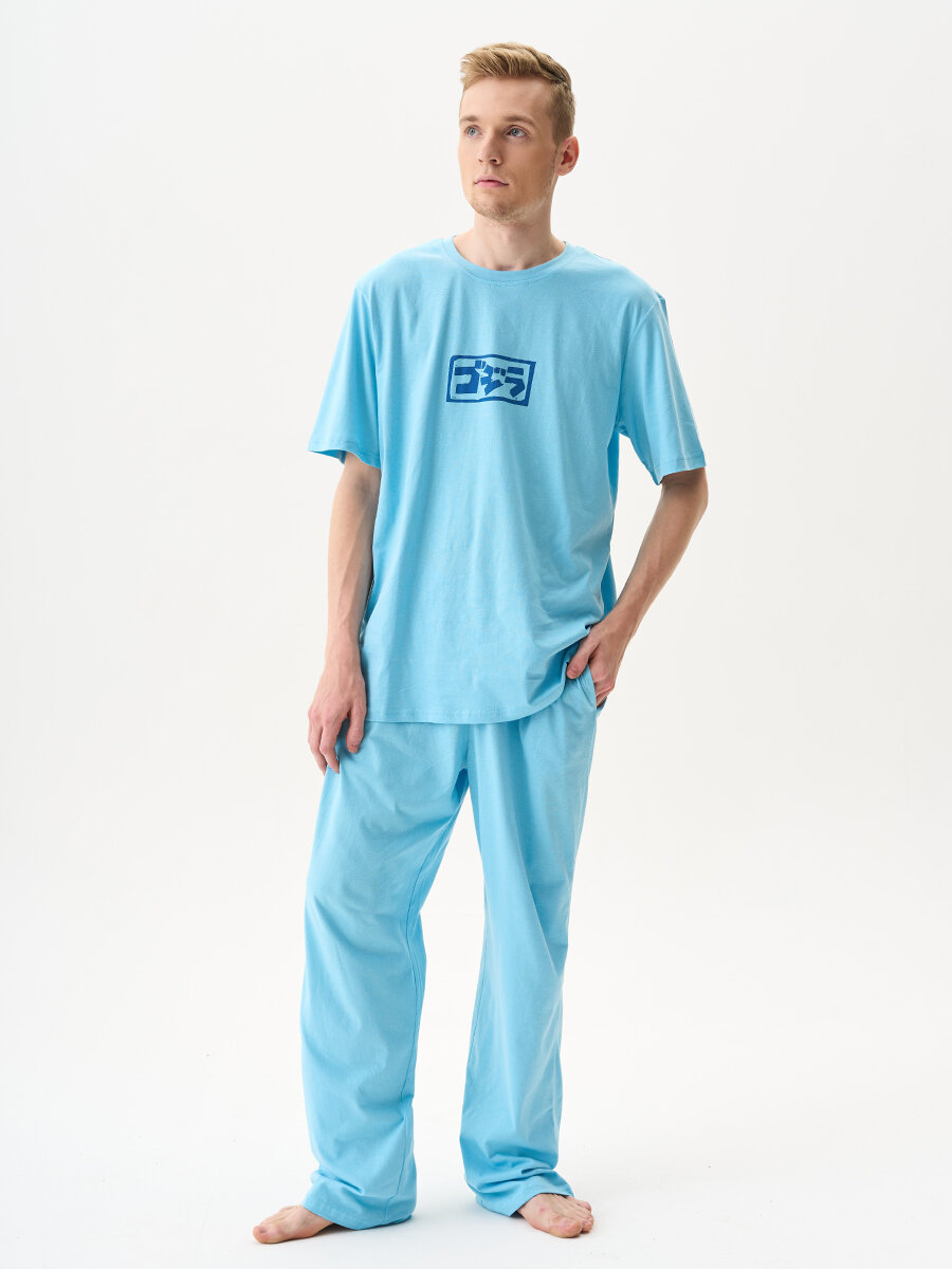 300036 Пижама мужская (Футболка и брюки) CatFit голубая размер 52 - фотография № 2