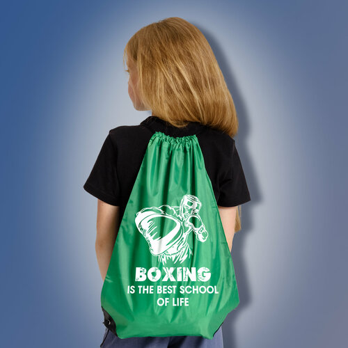 Сумка мешок с изображением боксера и надписью BOXING is the best school of life, зеленого цвета