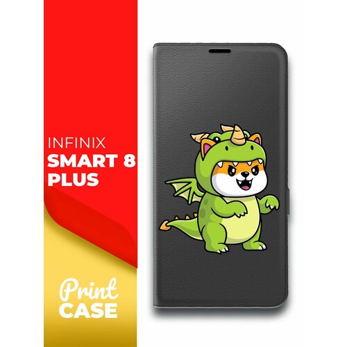 Чехол на Infinix Smart 8 Plus (Инфиникс Смарт 8+) черный книжка эко-кожа подставка отделение для карт и магнитами Book case, Miuko (принт) Котик Дракон чехол на infinix smart 8 plus инфиникс смарт 8 черный книжка эко кожа подставка отделение для карт и магнитами book case miuko принт котик дракон