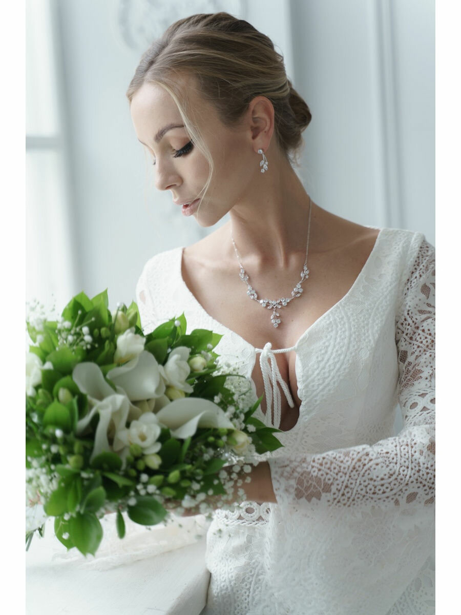 Комплект бижутерии Romantic Wedding, фианит, размер колье/цепочки 45 см, серебристый — фото 1