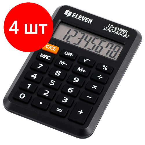 Комплект 4 шт, Калькулятор карманный Eleven LC-210NR, 8 разрядов, питание от батарейки, 64*98*12мм, черный
