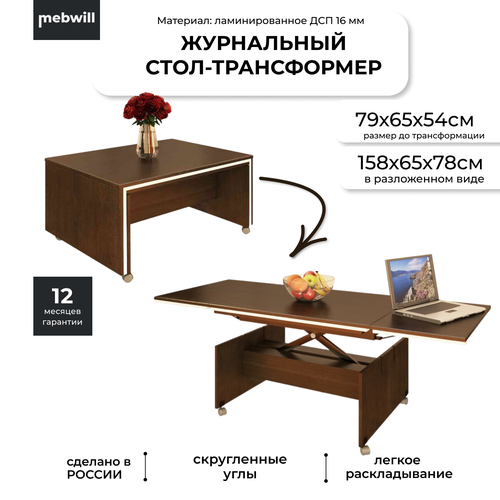 фото Стол трансформер журнальный вита 3 венге на колёсиках, со ступенчатым механизмом вита-мебель
